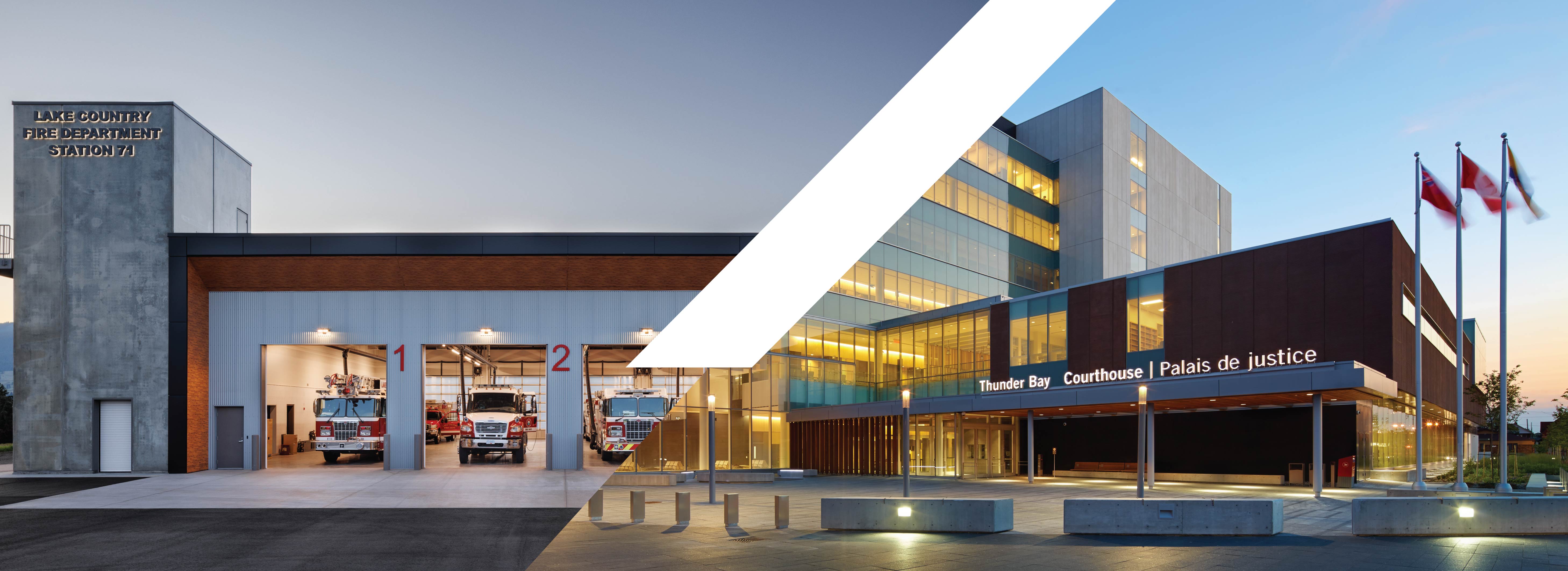 Fire hall with 3 trucks in bays with an image of a court house at dusk