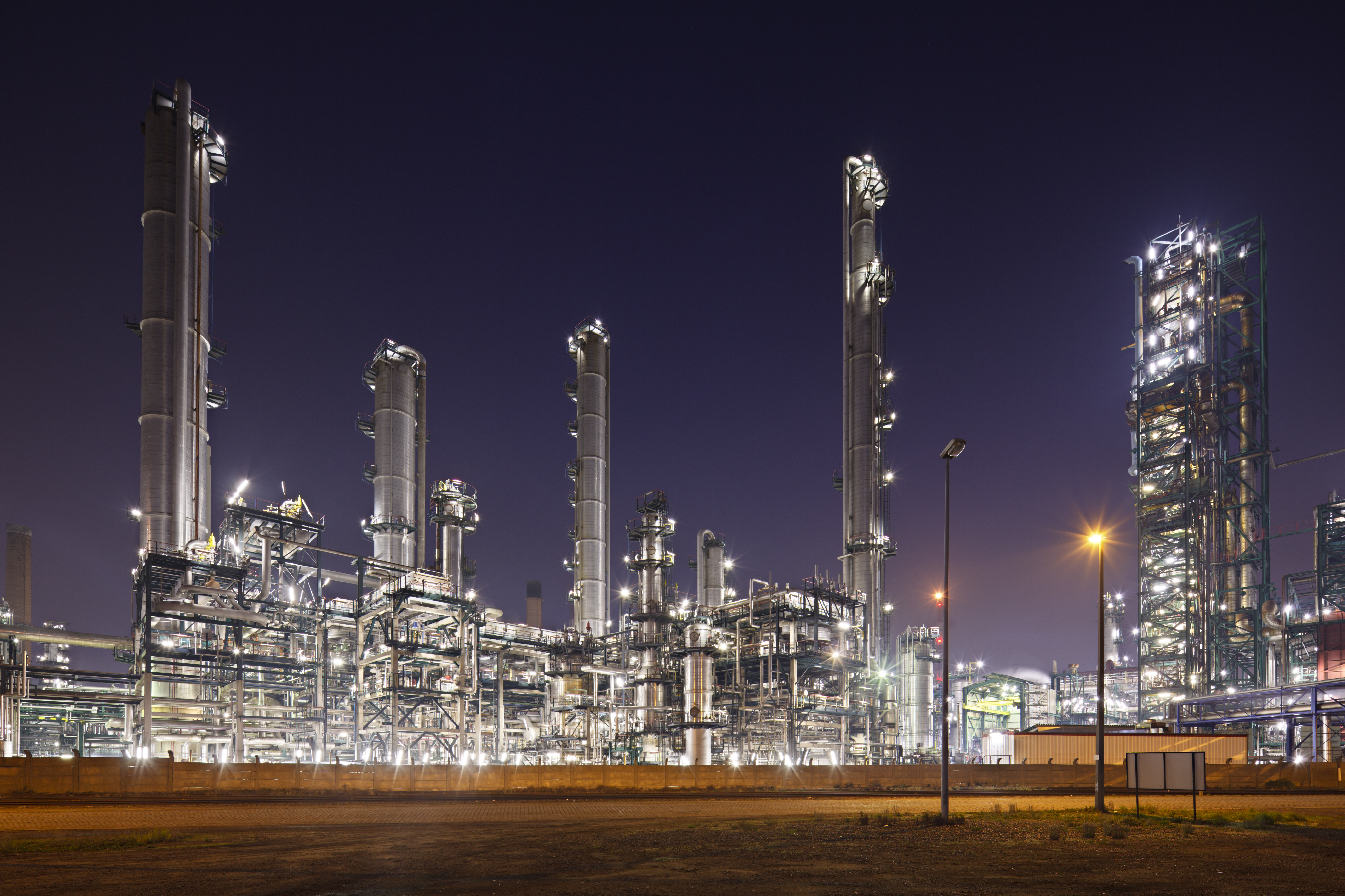 Exterior view of refinery at night