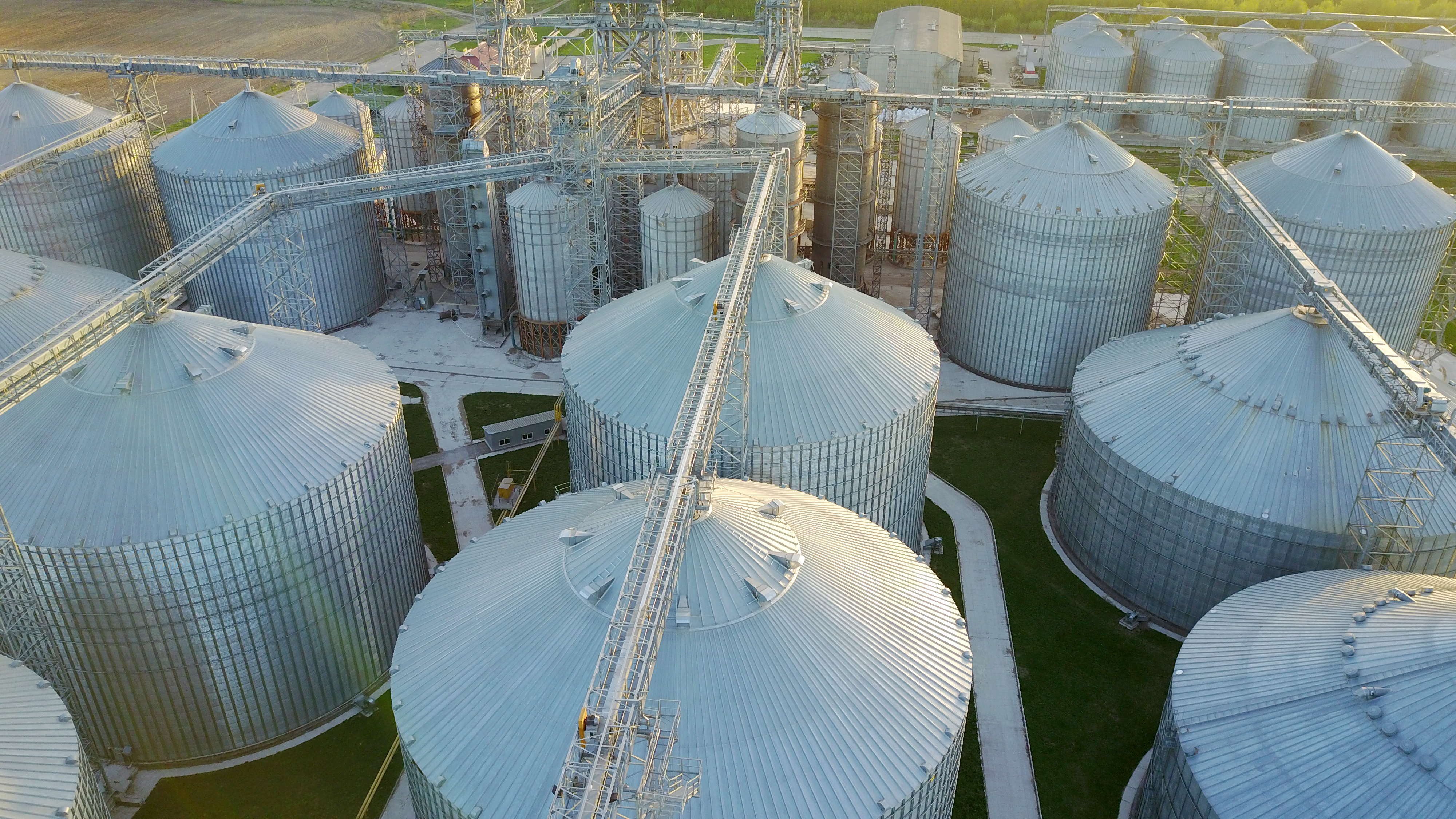 birds eye view of agriculture plant and storage facilities