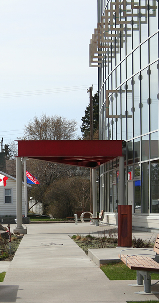 Side view of the entrance portico at the Camrose City Hall