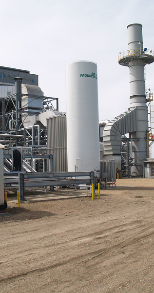 Close up view of structures at the Air Products Hydrogen Facility