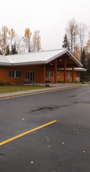 Front entrance of the Fort Nelson First Nation Wellness Centre and Dance Arbor
