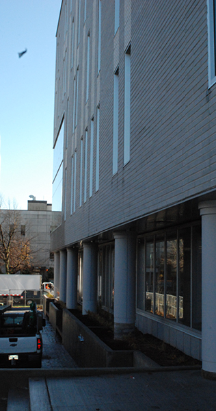 View along side of building showing pale brick cladding and support pillars