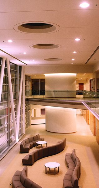 Interior view of Kitimat General Hospital looking down onto seating area in front of large glass wall