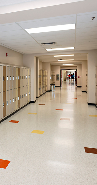 Interior hallway of school showing lockers