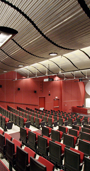 Interior of Simon Fraser University Lecture Theatre showing seating and roof details