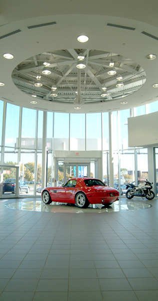 Interior of BMW Toronto showroom showing rotunda entrance