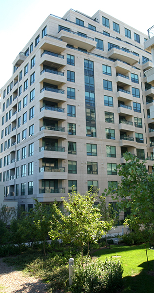Exterior view of Thornwood Condominiums showing completed facade and landscaping 