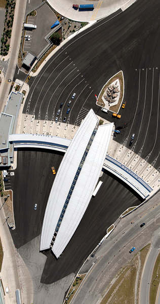 Aerial view of  Peace Bridge Fort Erie roof showing unique canoe shape