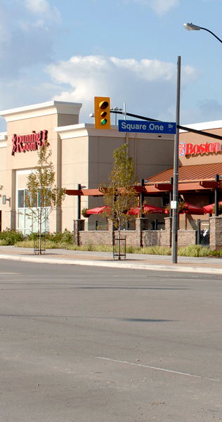 Exterior view of Square One showing intersection and restaurant