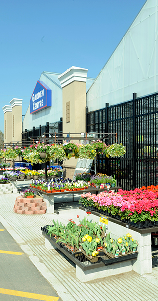 Exterior of garden centre showing a variety of colourful plants