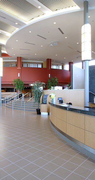 Interior of the Fraser Downs Casino lobby area showing reception desk and roof details