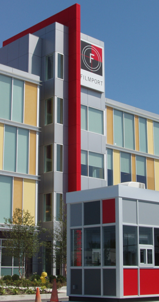 Details of the colourful Pinewood Filmport facade