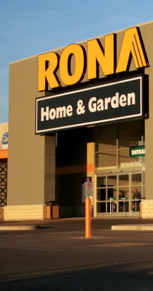Front entrance of the Rona Home Centre showing building signage