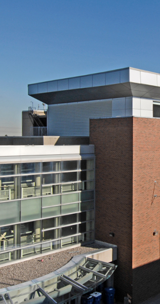 Exterior detail of York University Research Facility showing brick clad tower and windows