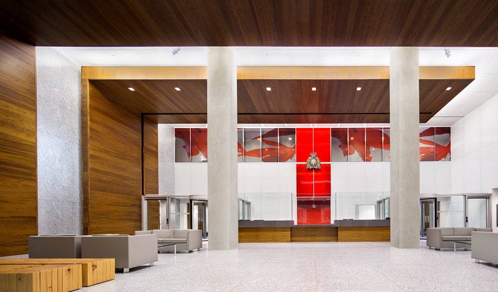 Lobby of police headquarters with Canadian flag mural