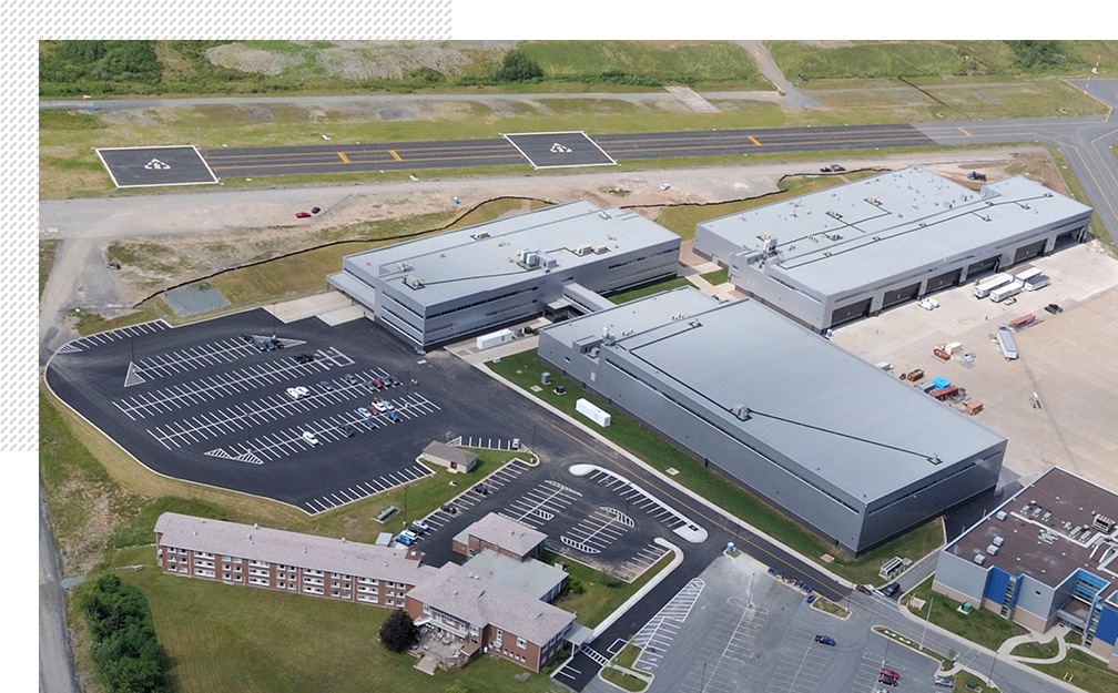 aerial shot of the helicopter hanger/warehouses facilities