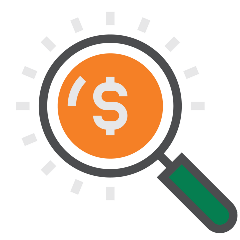 Graphic of magnifying glass with a money sign in the middle, orange and green