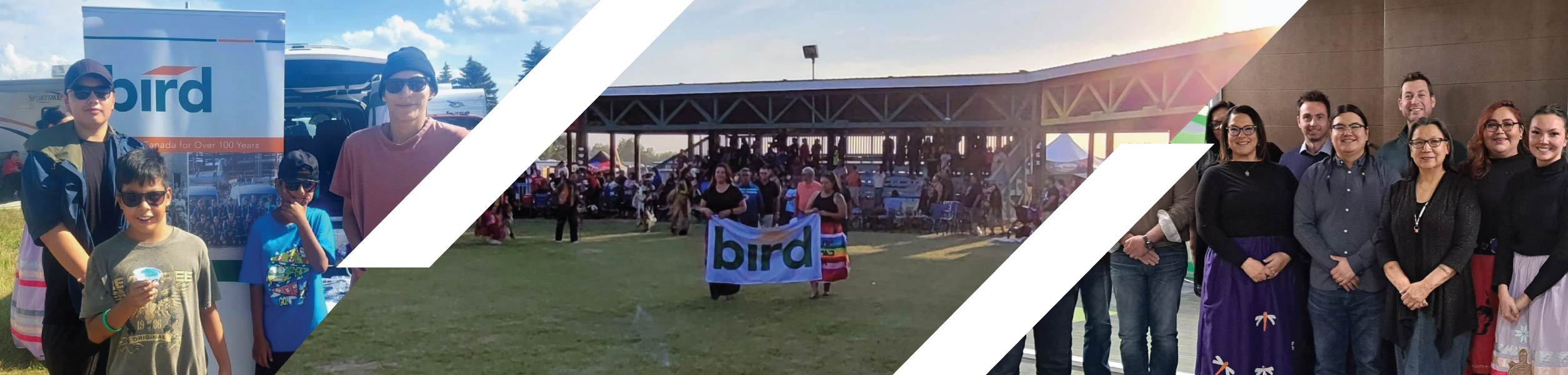 Children of a First Nations Community gather in front of a Bird sign