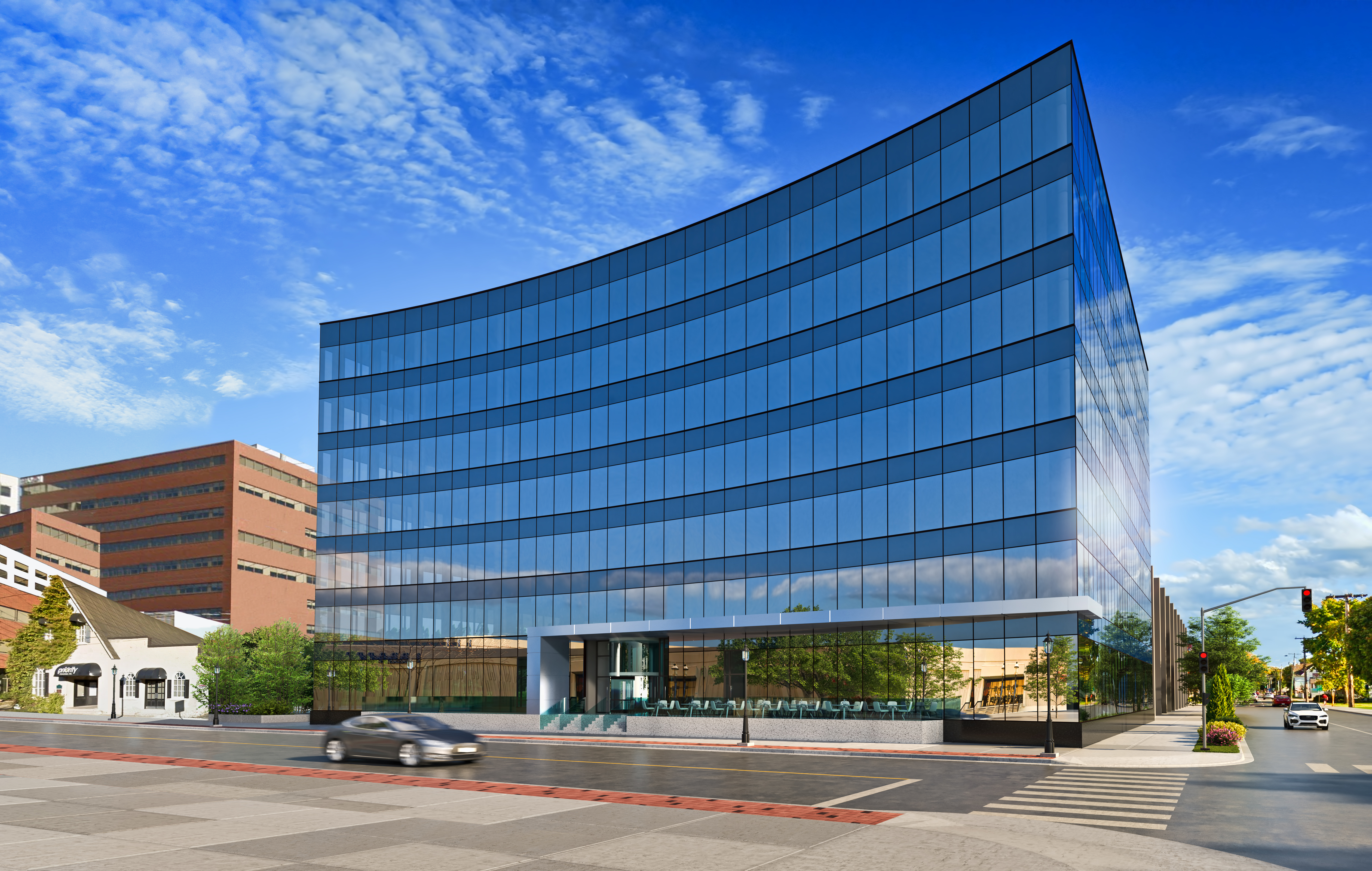 Exterior of curved glass Office building