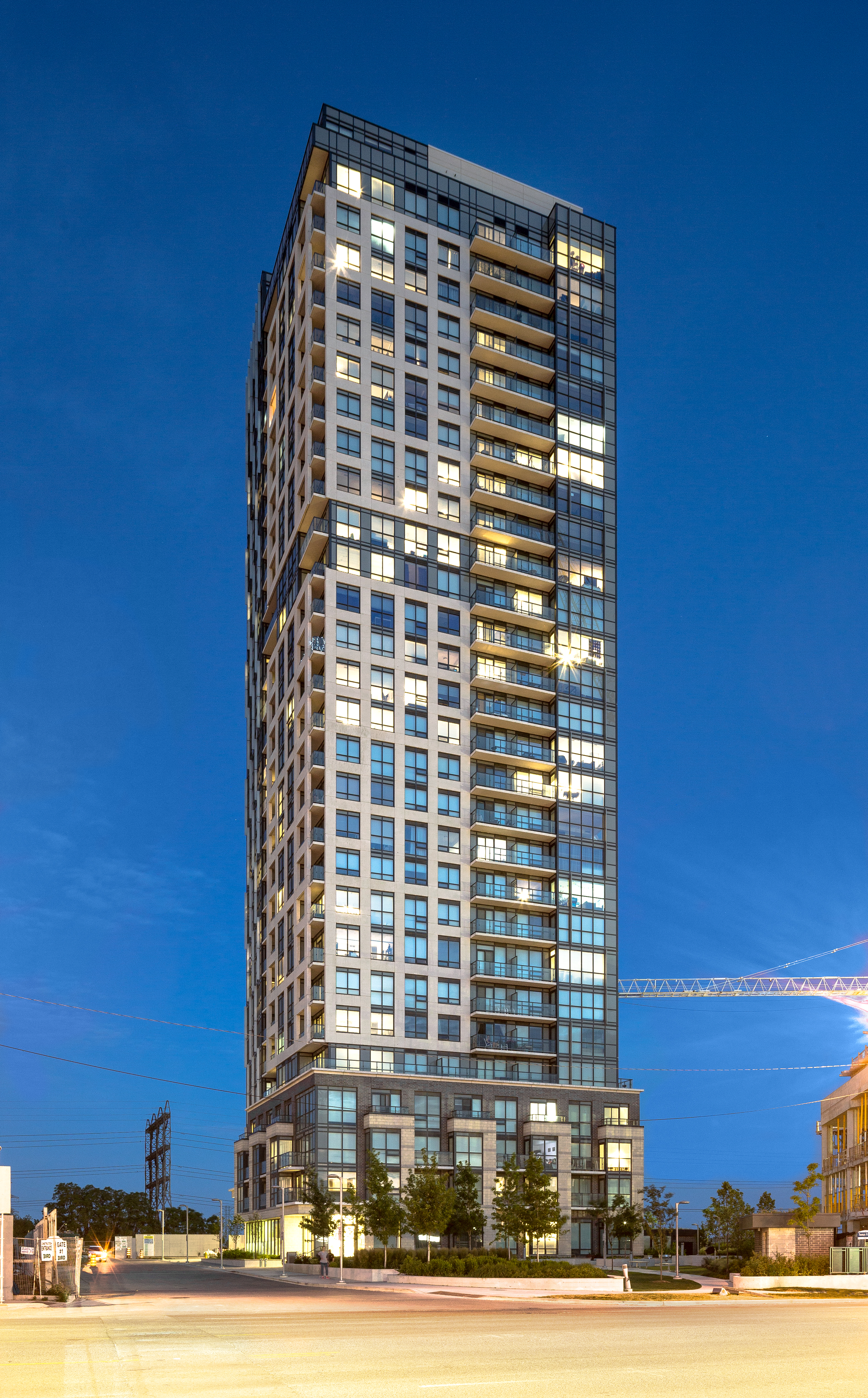 Exterior of apartment building in the evening