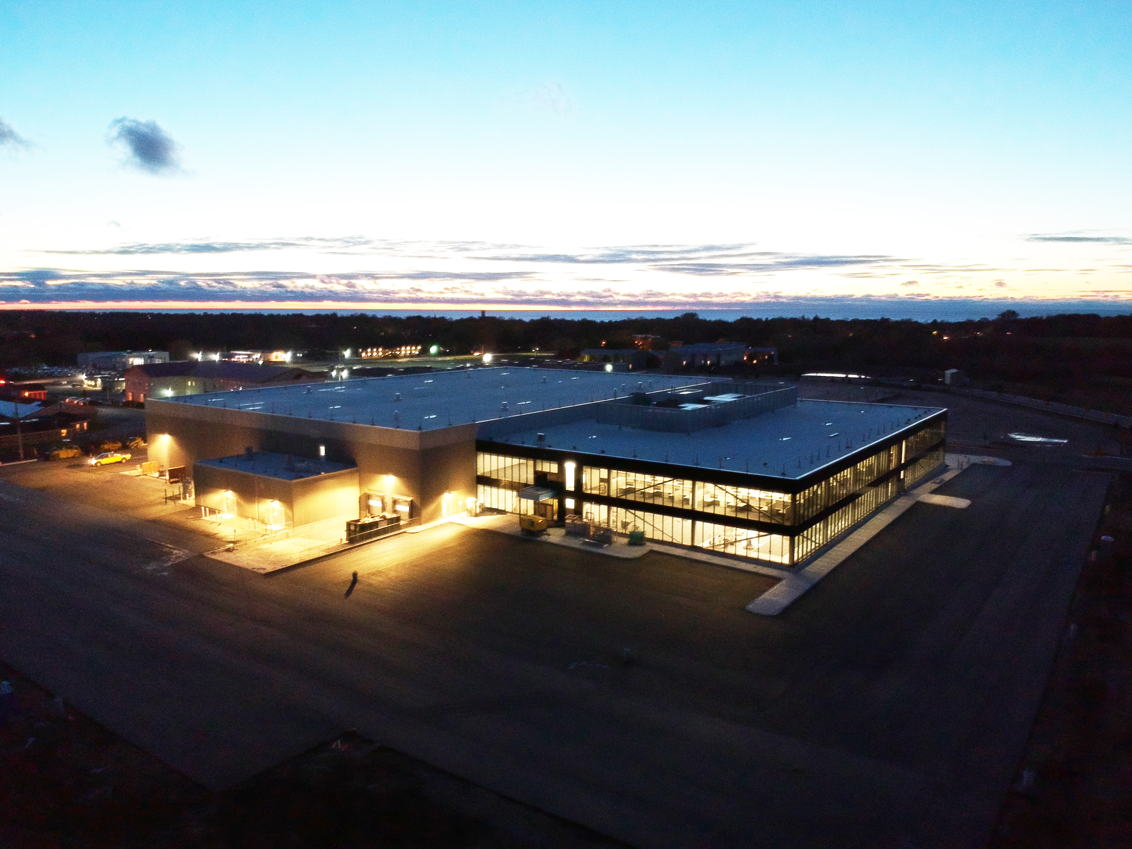Exterior of Bruce Power MCR Office Complex lit up at night