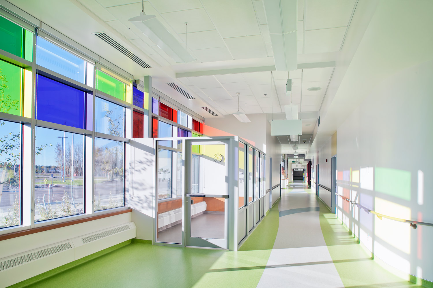 Interior hallway showing colourful windows