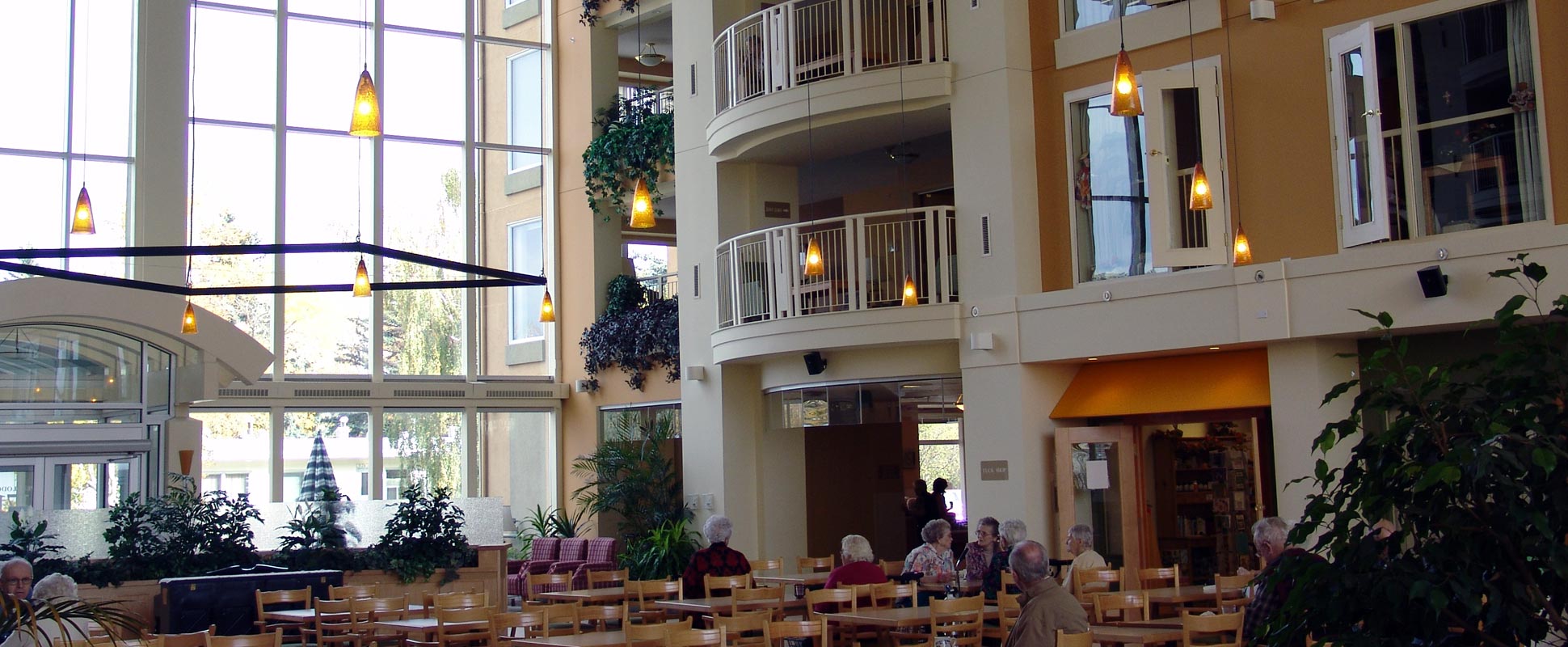 Interior view of Aspen Lodge atrium showing seating area