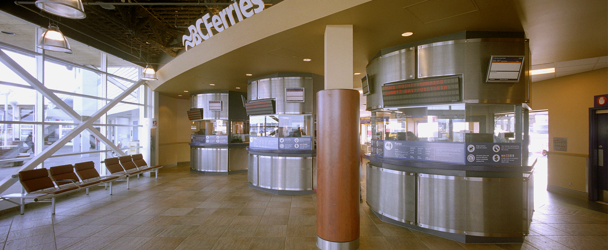 Interior of British Columbia Swartz Bay and Tsawwassen Ferry Terminals showing ticket kiosks