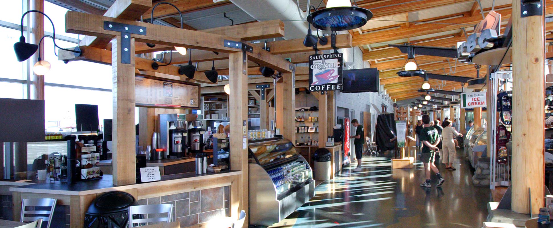 Interior of the BC Ferry Tsawwassen Quay Market showing stalls