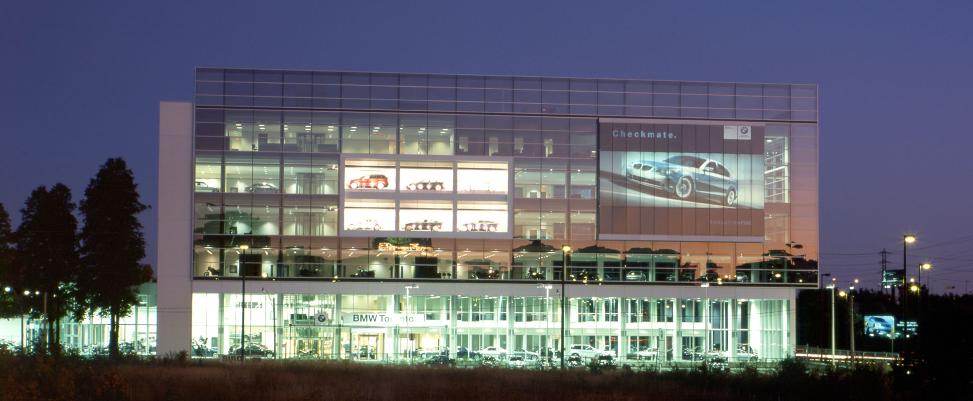 BMW Toronto Dealership exterior at night