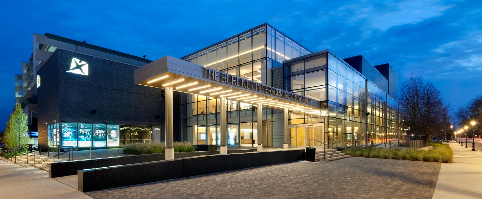 Burlington Performing Arts Centre exterior at night