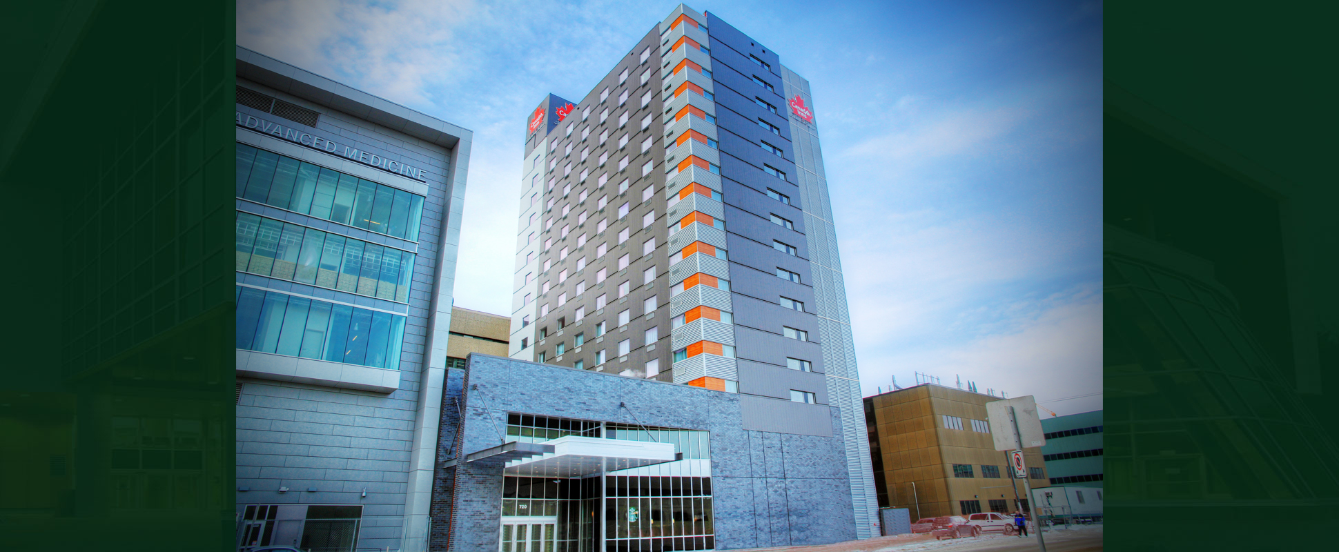 Canad Inns Destination Centre exterior showing pops of orange accents