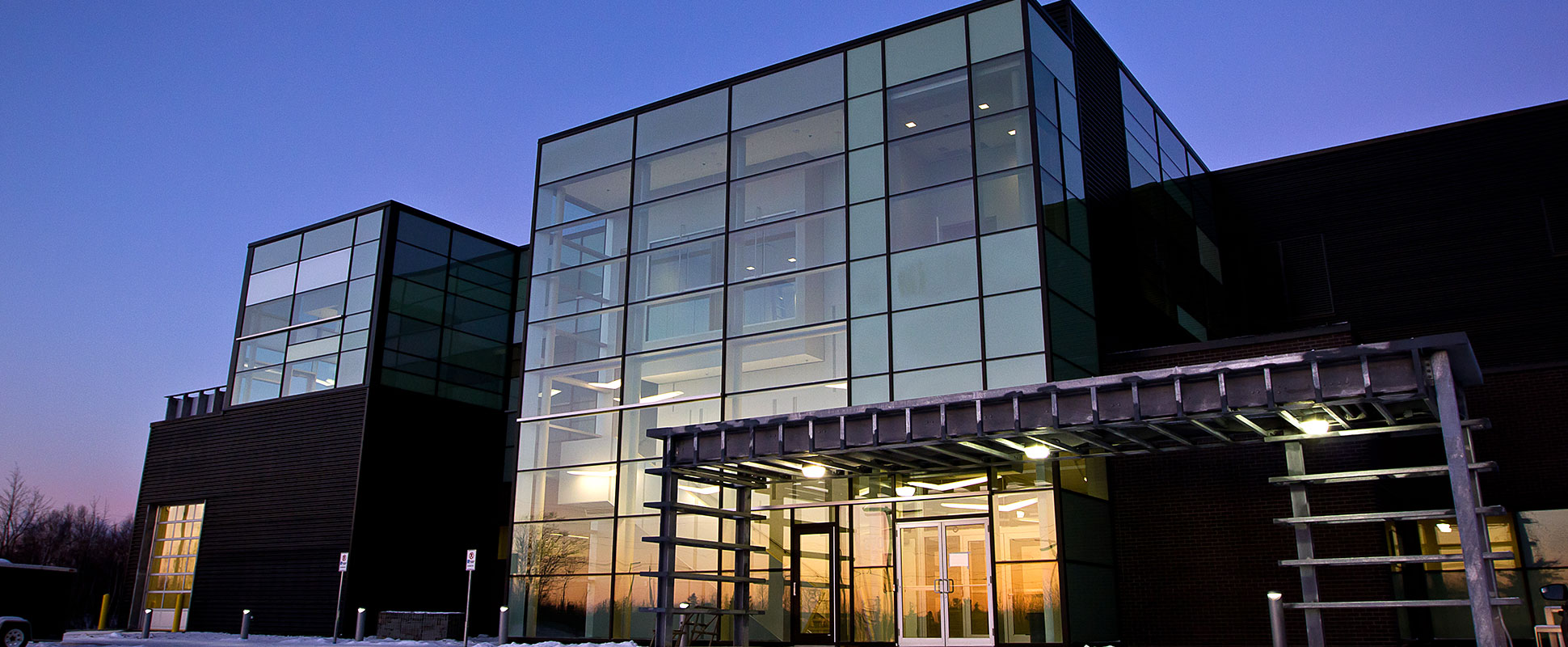 Canadian Blood Services’ Atlantic Production Facility entrance lit at night