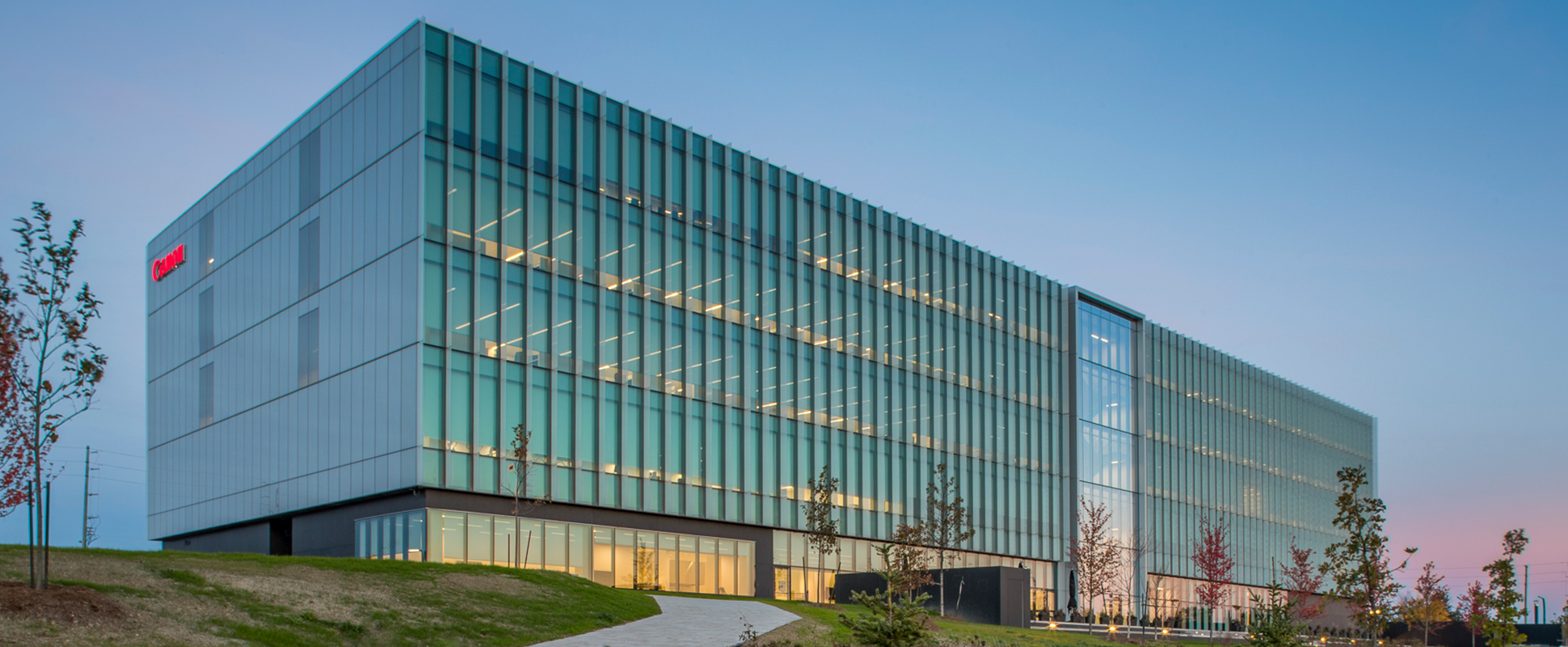 Canon Canada Headquarters exterior at sunset 