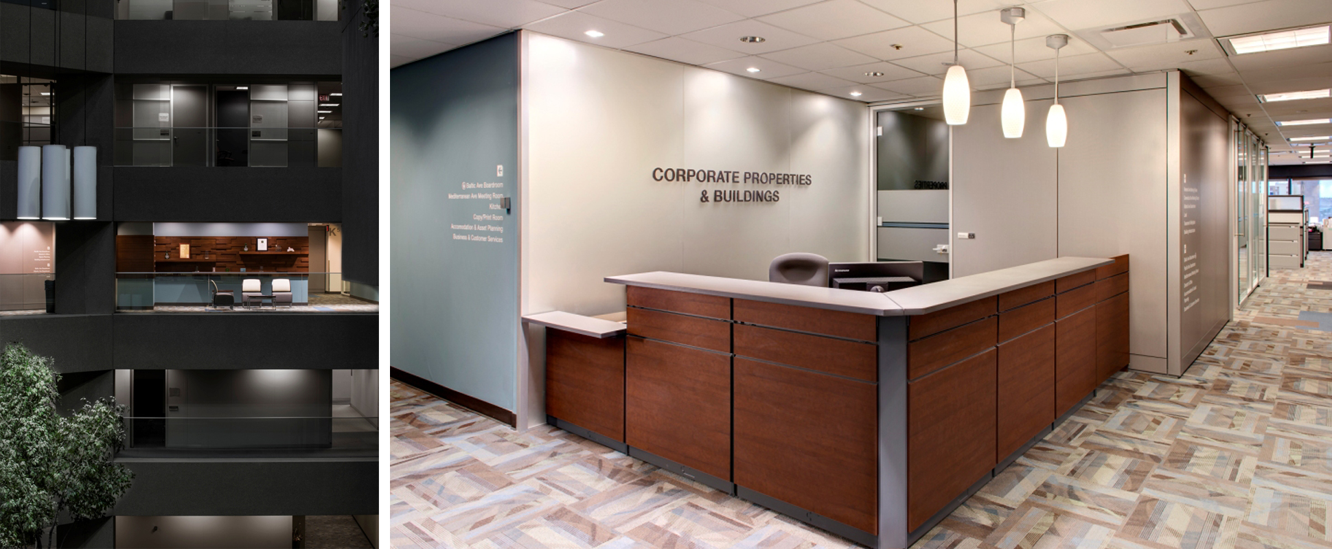 Split image of the City of Calgary Municipal Building showing exterior and interior lobby