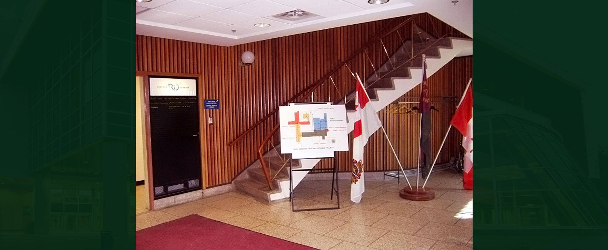 Defence Research and Development Canada Building interior showing staircase and flags