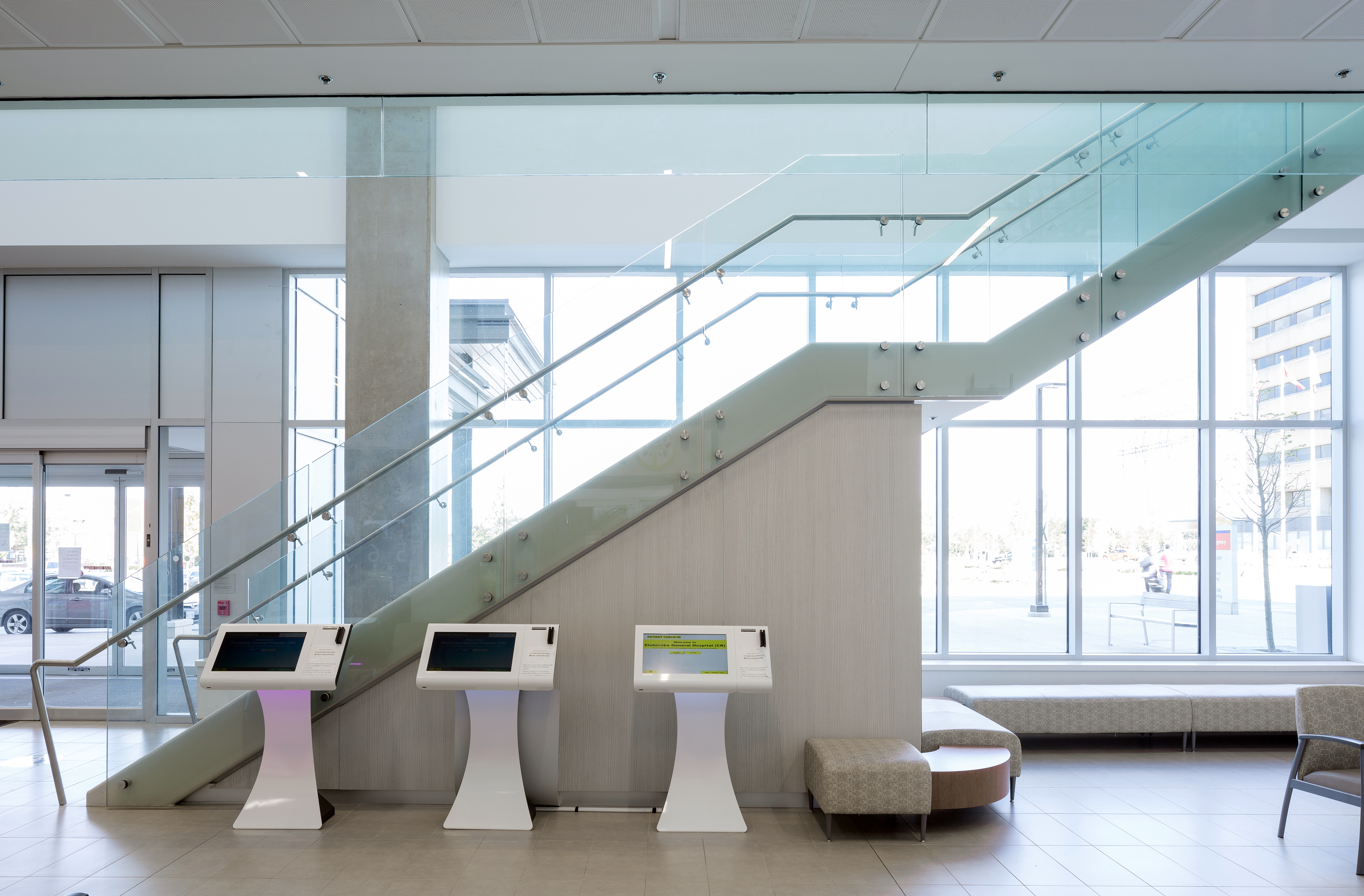 Interior of Etobicoke General Hospital Ancillary Services Building showing staircase and technology