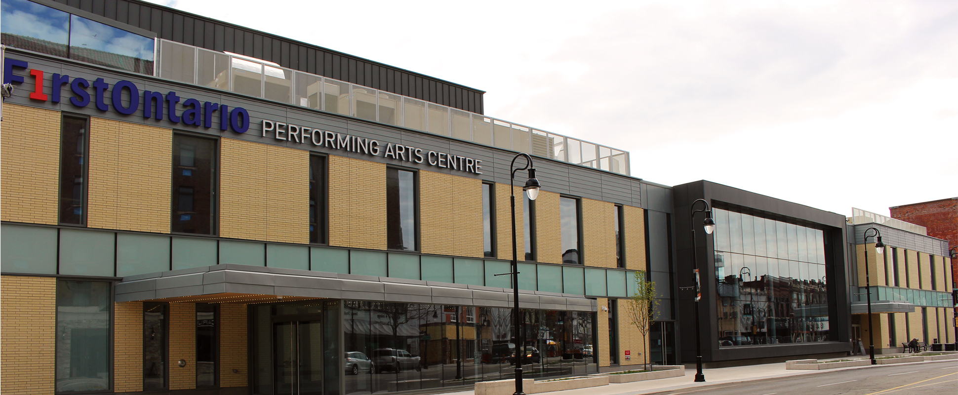 FirstOntario Performing Arts Centre exterior showing entrance and building signage 