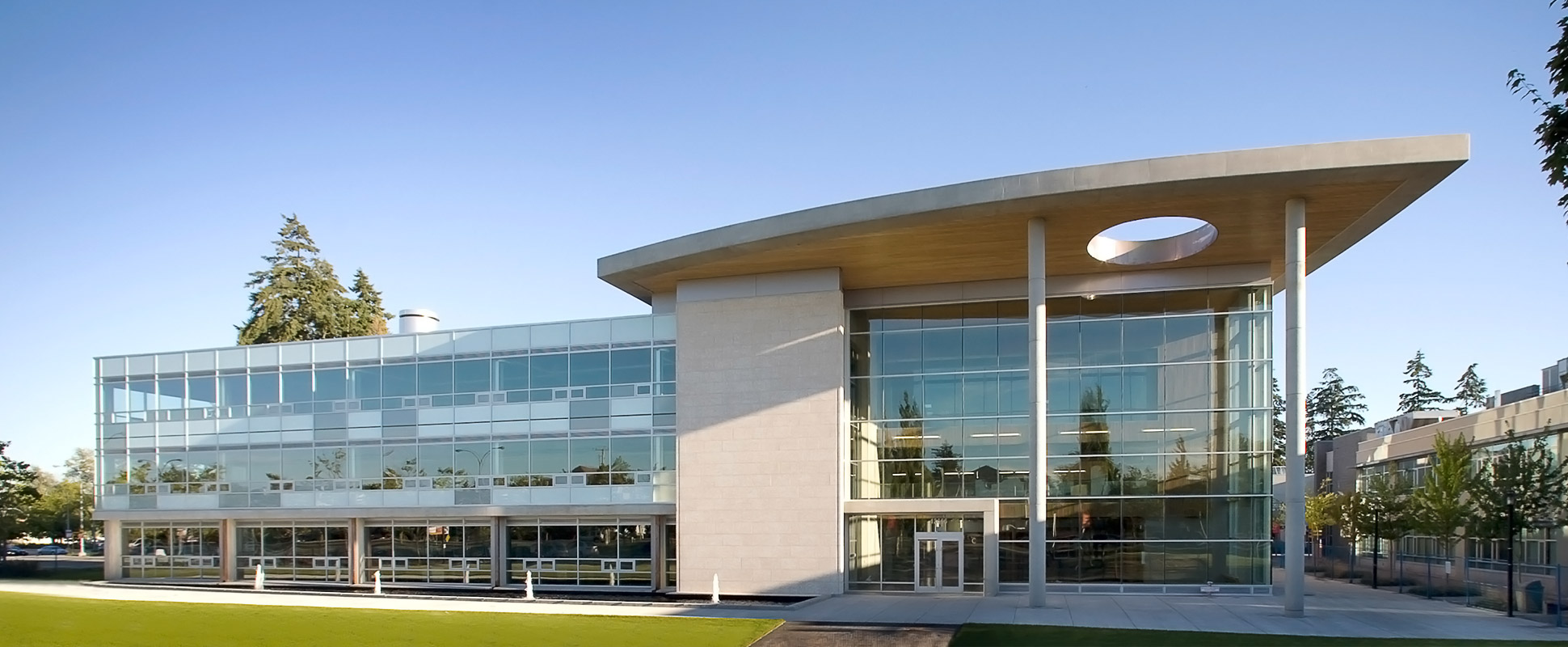 Kwantlen University Surrey Main exterior showing unique roof overhang design with cutout
