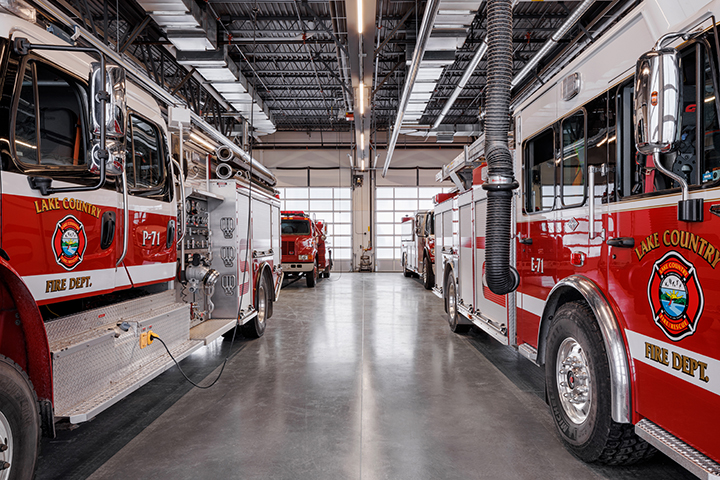 Fire trucks inside Lake Country Fire Hall