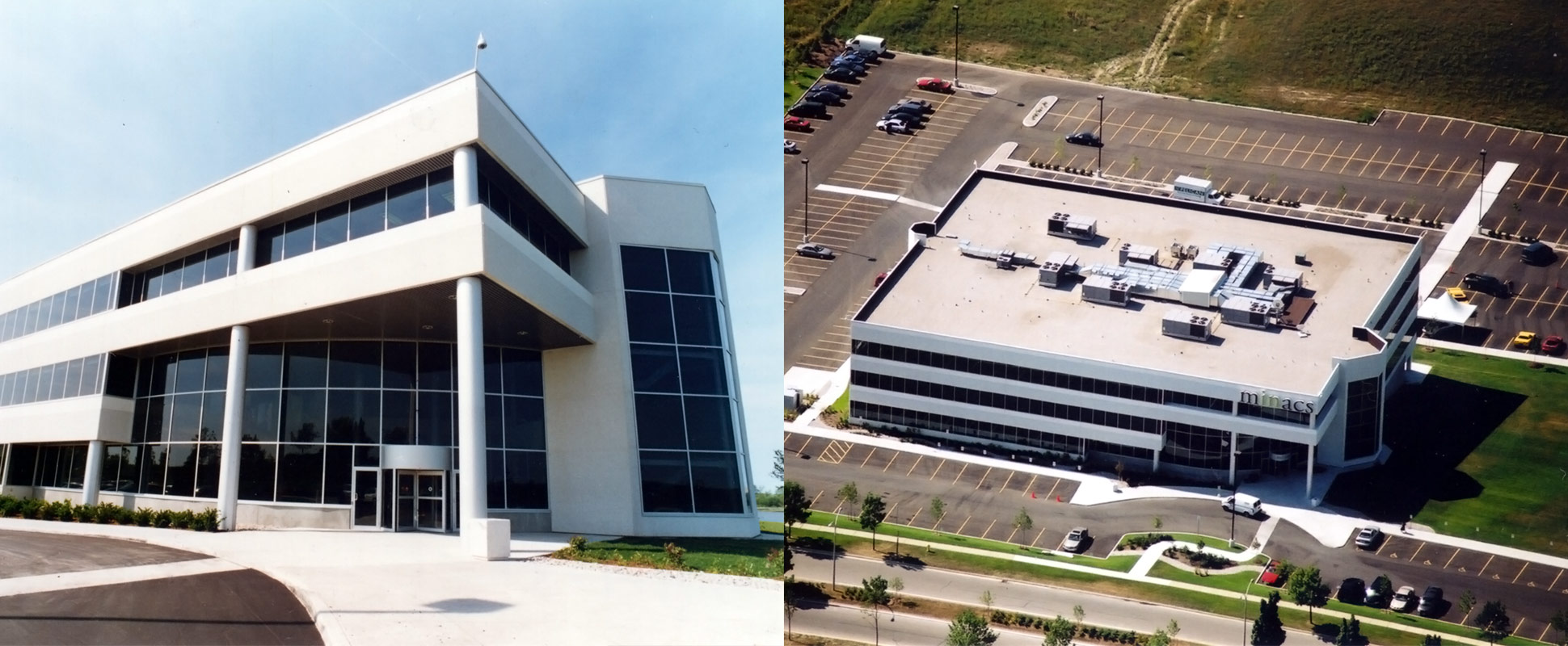 Split image of Minacs Worldwide Inc. Canadian Headquarters showing front entrance and aerial view