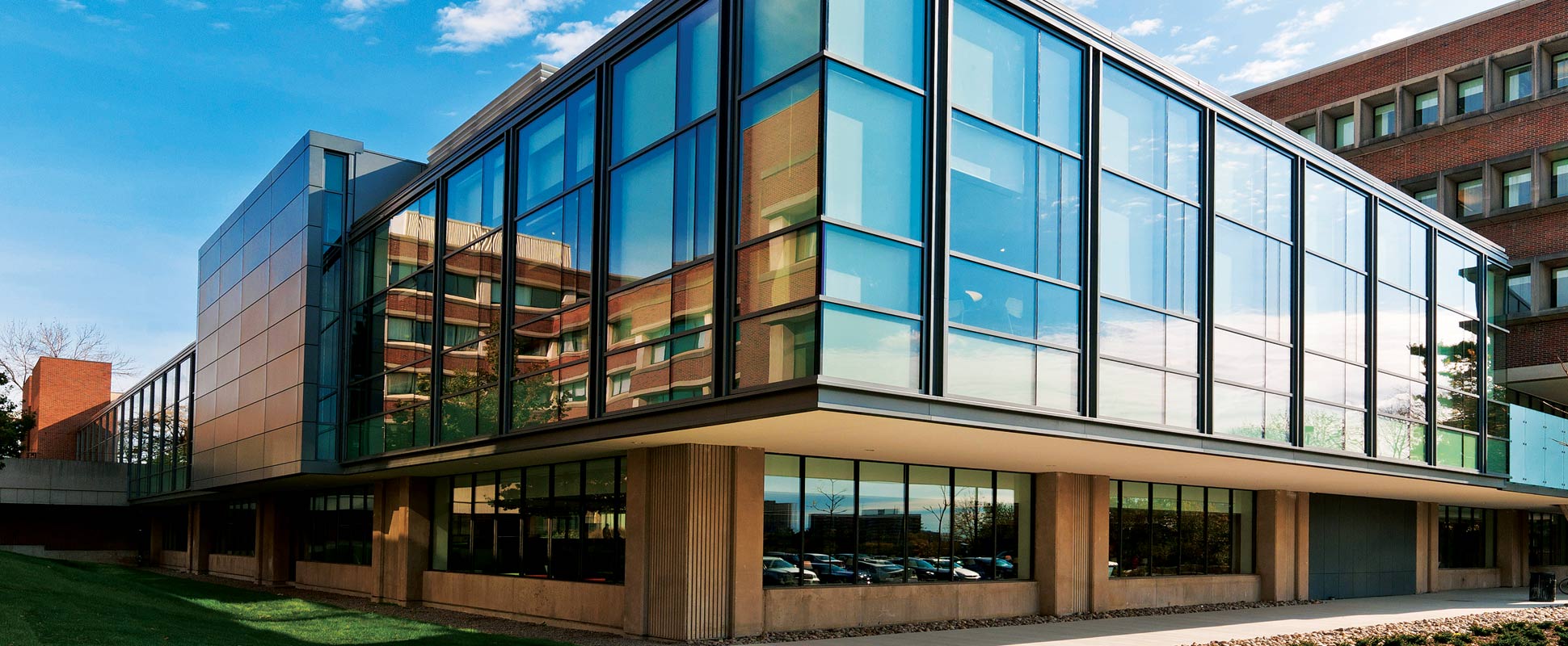 Exterior corner of Osgoode Hall Law School showing wall of windows