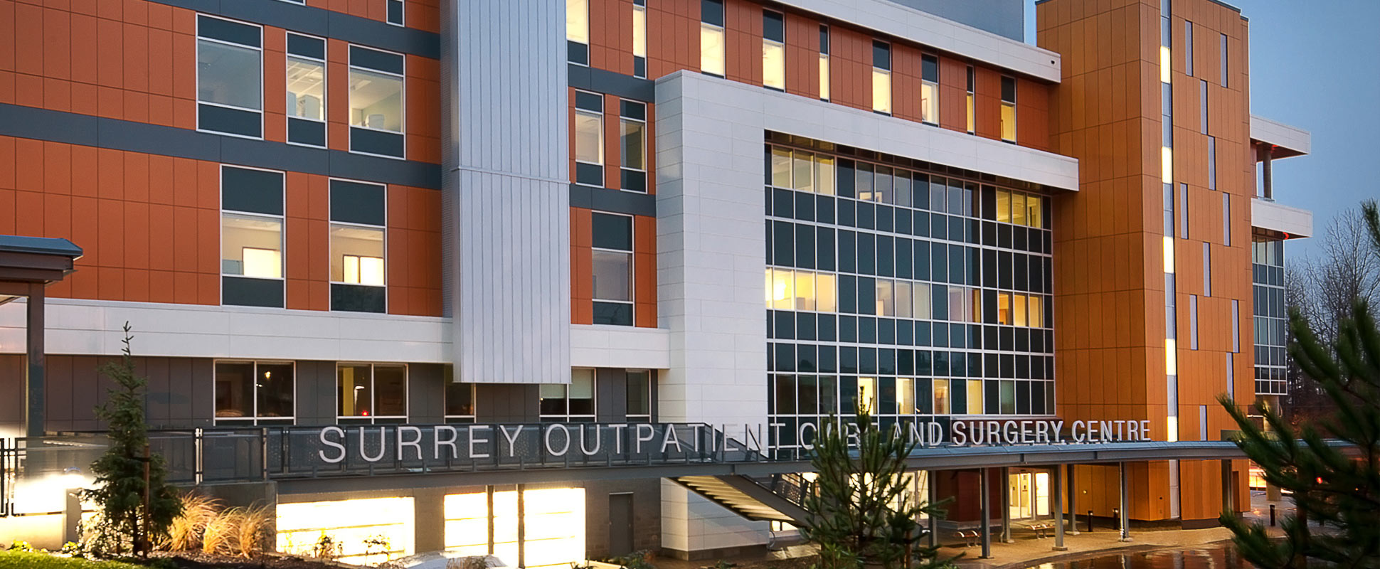 Jim Pattison Outpatient Care and Surgery Centre front entrance showing building signage