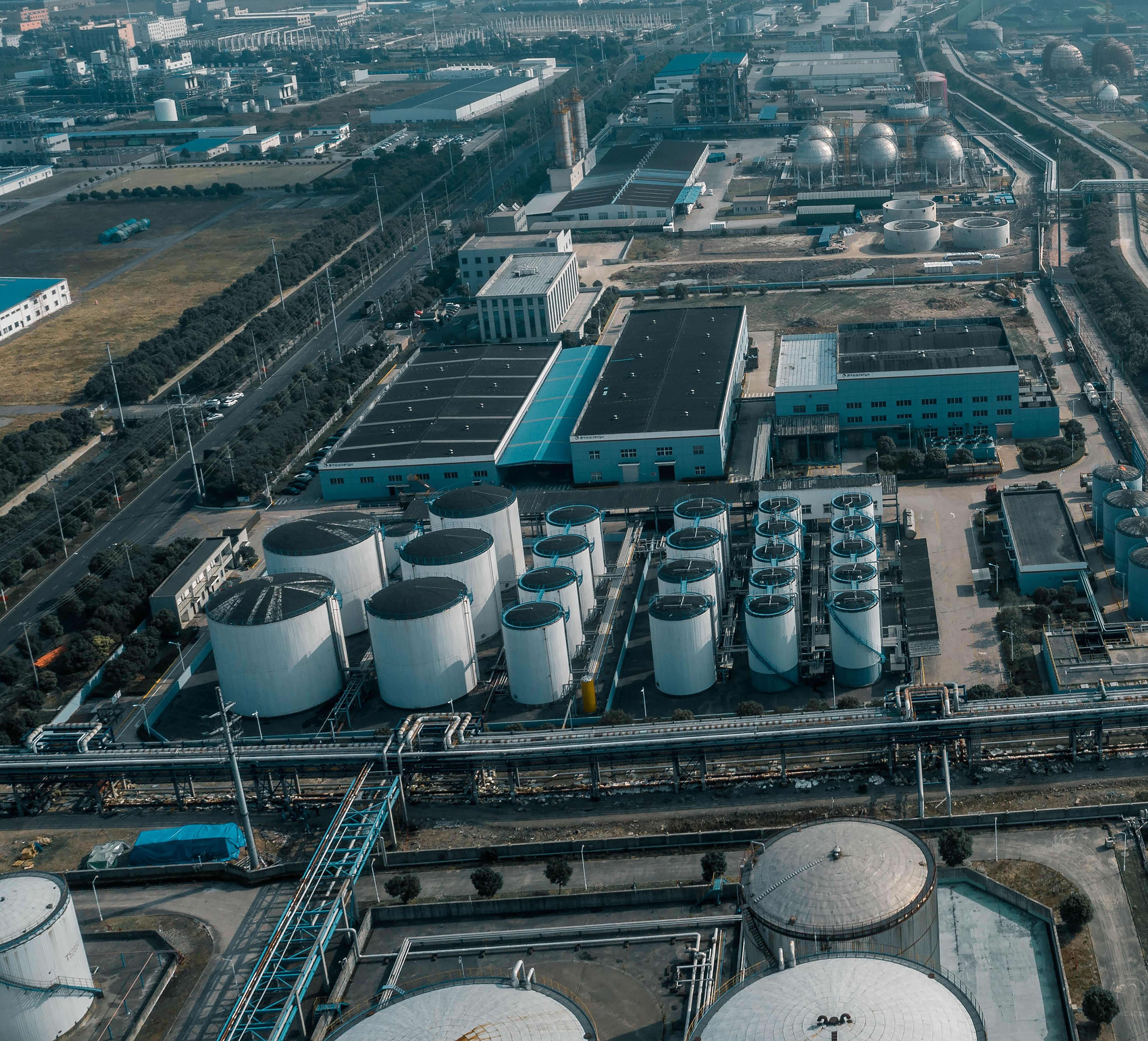 Aerial close up of petrochemical plant