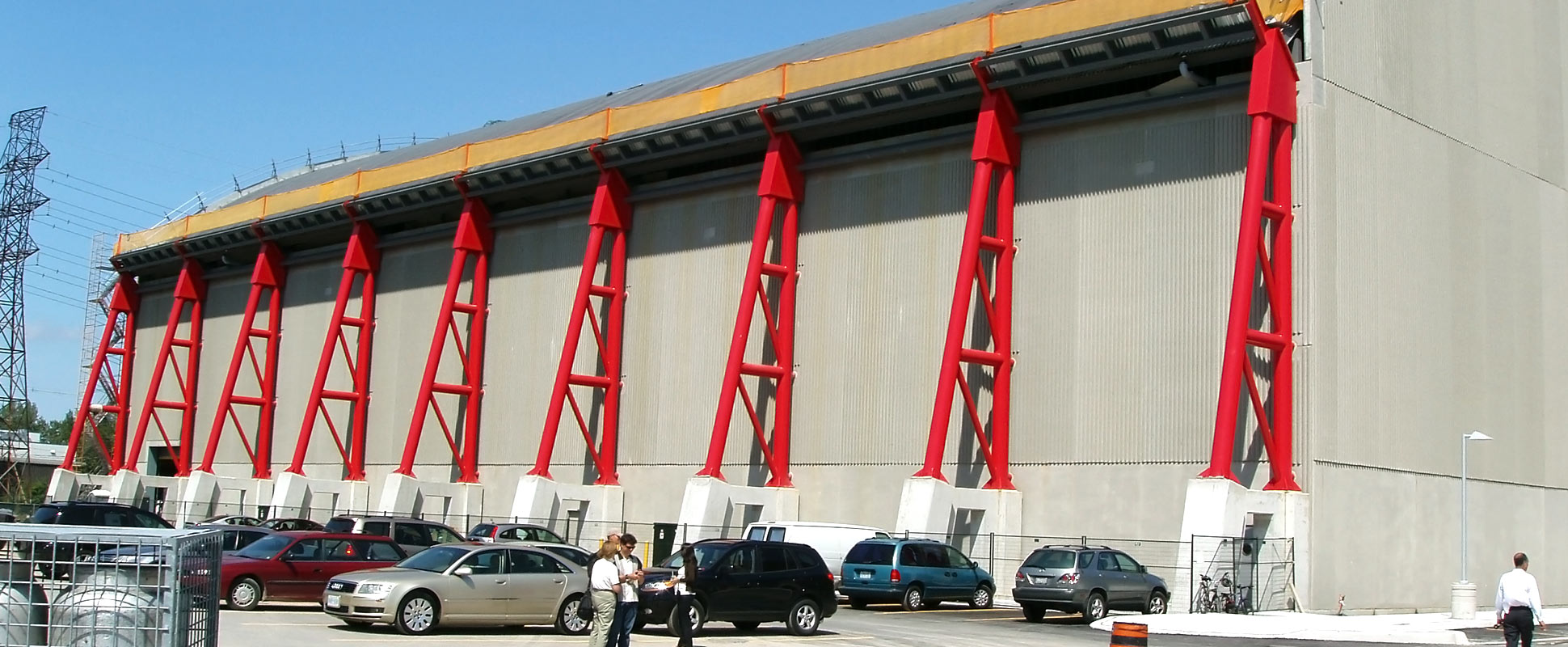 Pinewood Film Studios Filmport exterior showing red supporting struts 