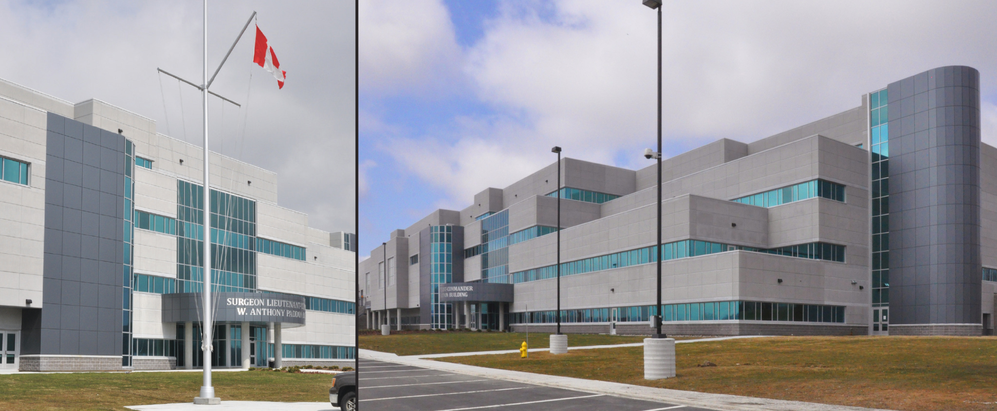 Split image showing different exterior views of Surgeon Lieutenant-Commander W. Anthony Paddon Building