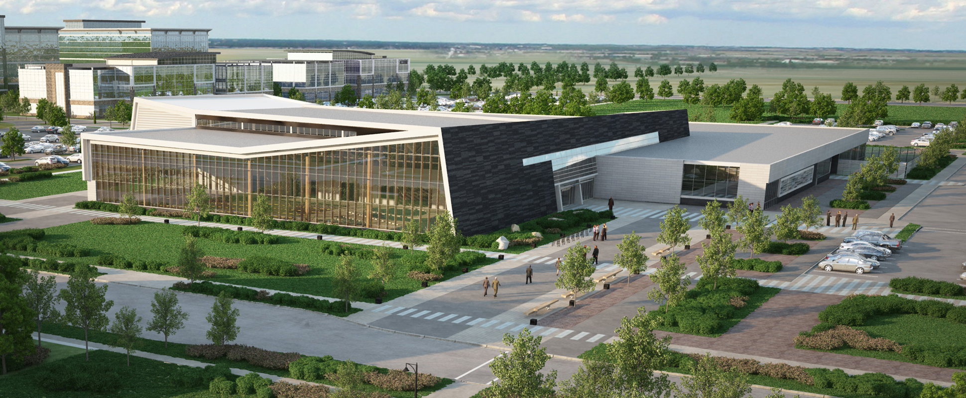 Rendering of Quarry Park Recreation and Wellness Centre exterior 