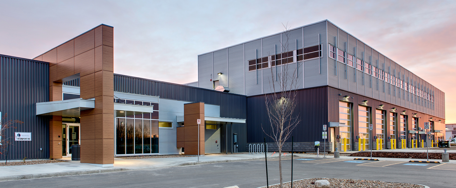 Regional Municipality of Wood Buffalo South Operations Centre exterior at sunset 