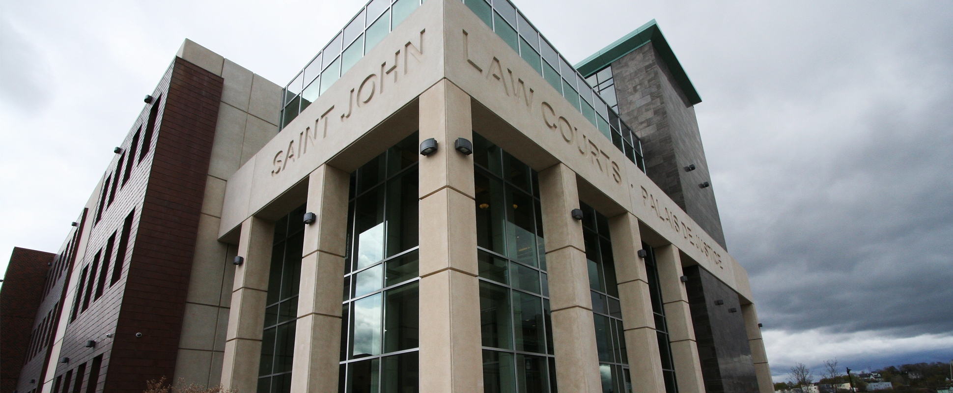 Saint John Law Courts exterior entrance showing imposing stone columns 
